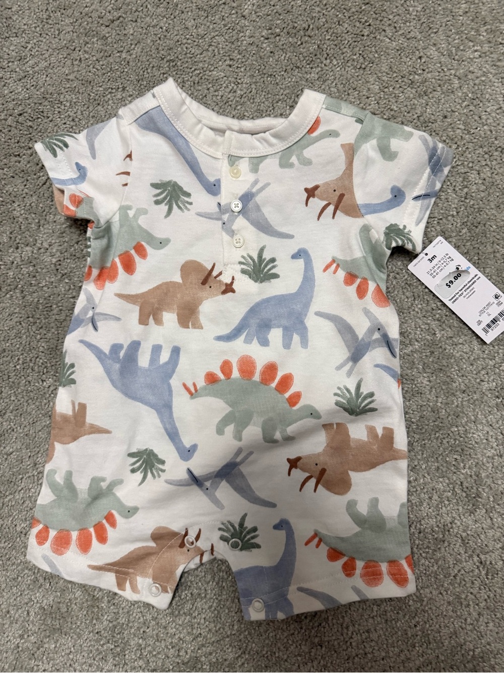 Baby Dino Print Short Sleeve Romper - White with Pastel Dinosaurs 3 months NWT